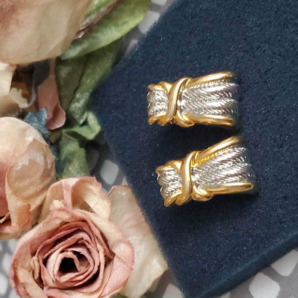 Cable X Textured Hugger Earrings Silver and Gold Tone, Pierced